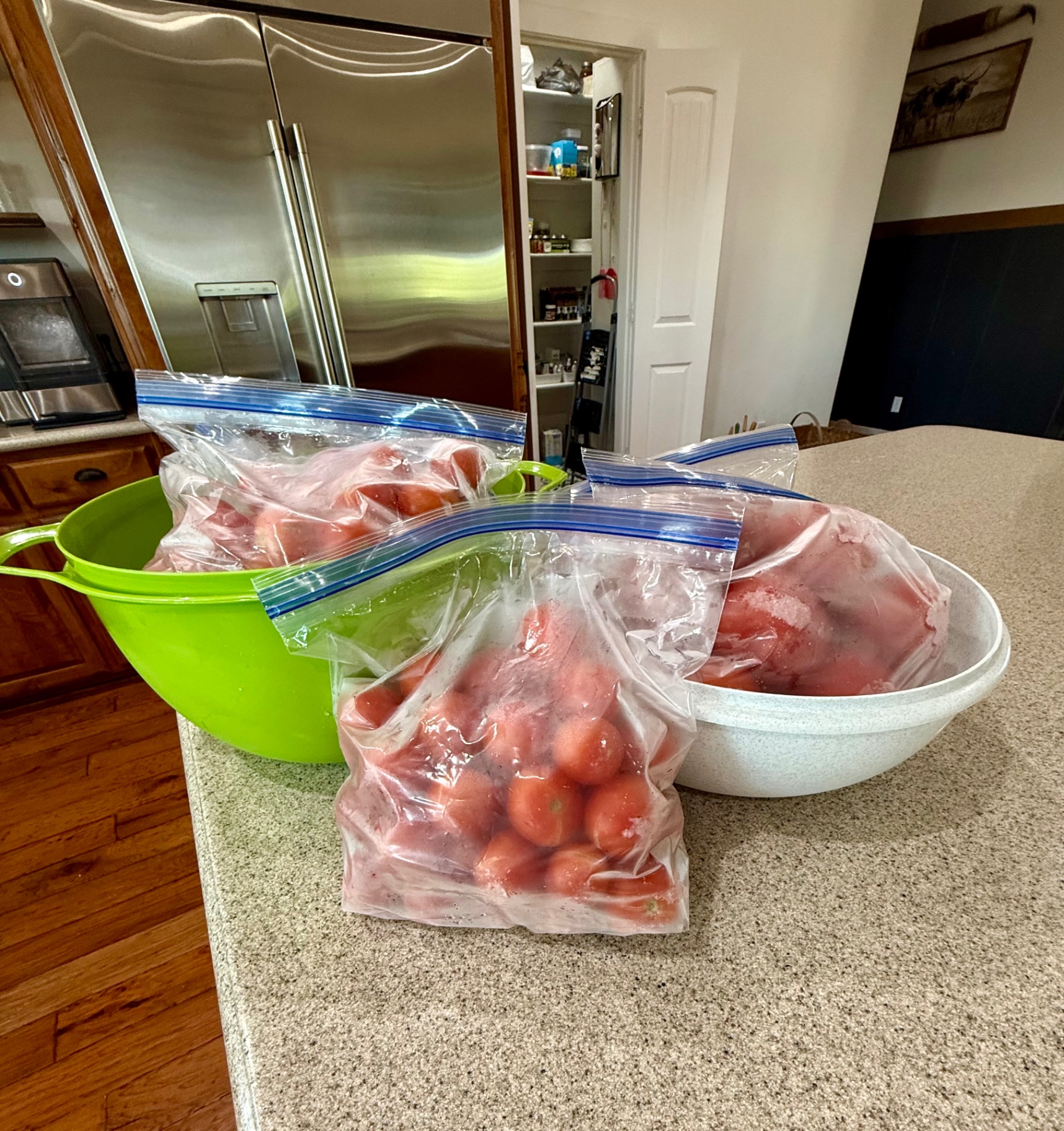 Bags of frozen garden tomatoes thawing in a large bowl before making freezer tomato sauce.