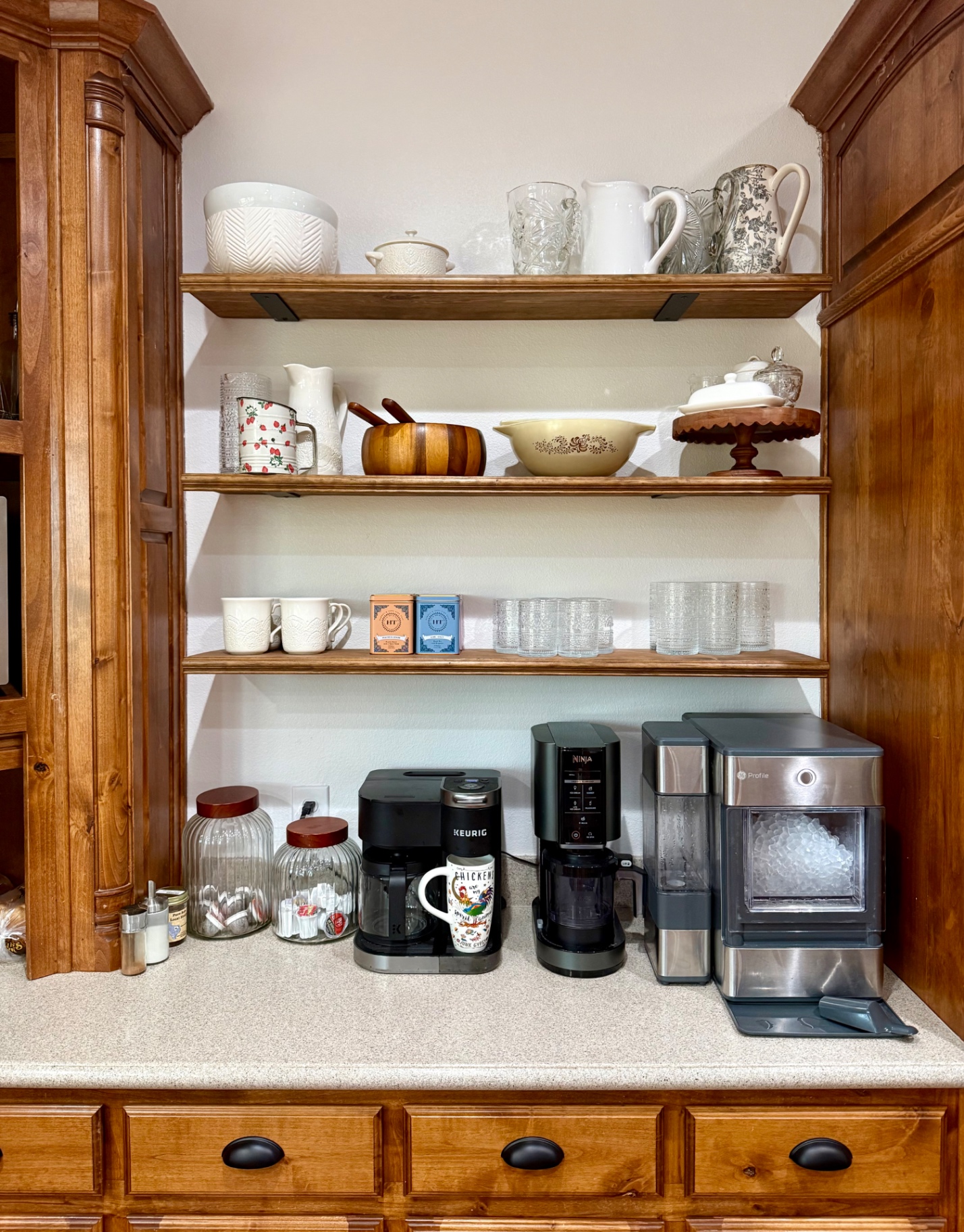 Kitchen coffee and drink station with Keurig coffee maker, Ninja ice cream maker, and GE Profile nugget ice machine