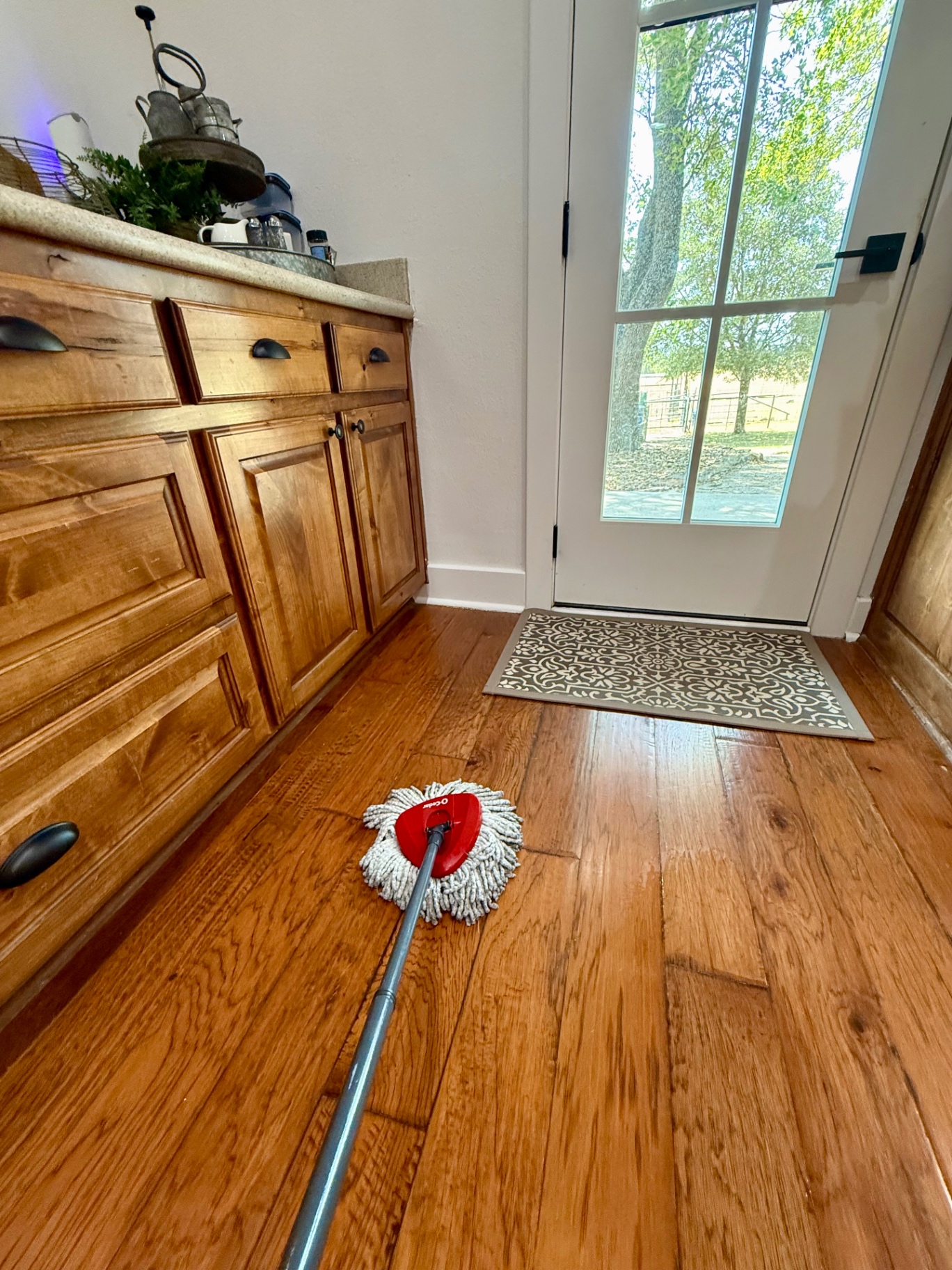 Mopping the hardwood floor by the entry with a spin mop and bucket