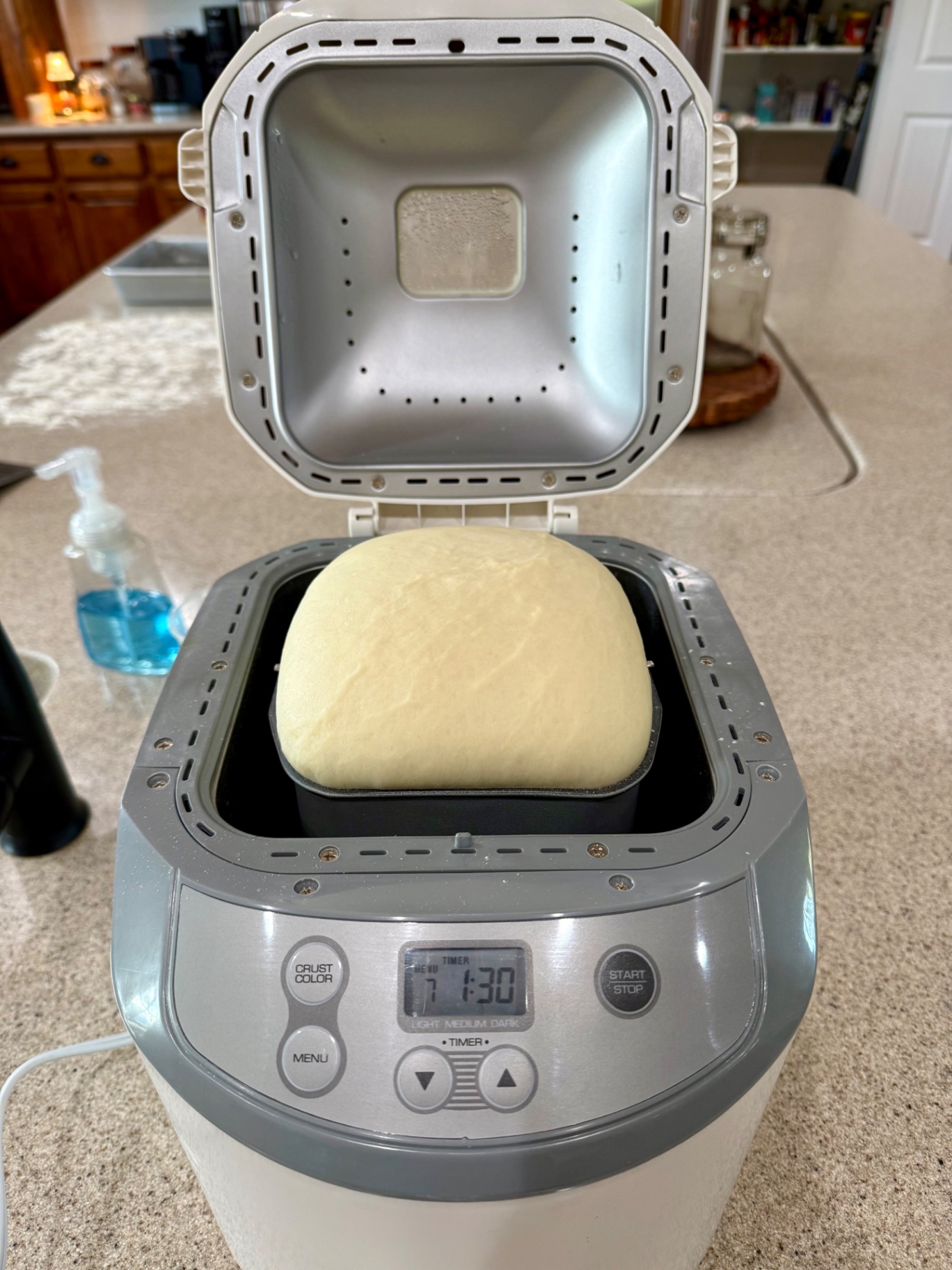 Risen dinner roll dough inside the open bread machine.