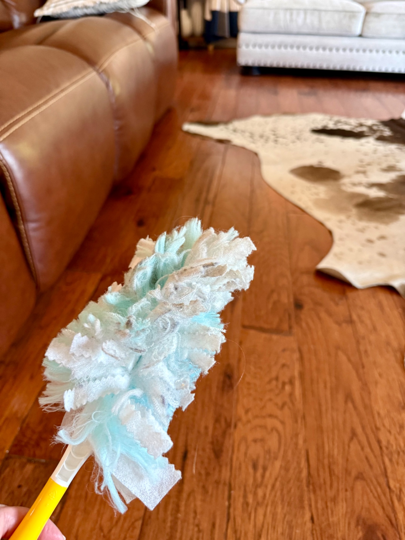 Duster head coated in dust after wiping a shelf
