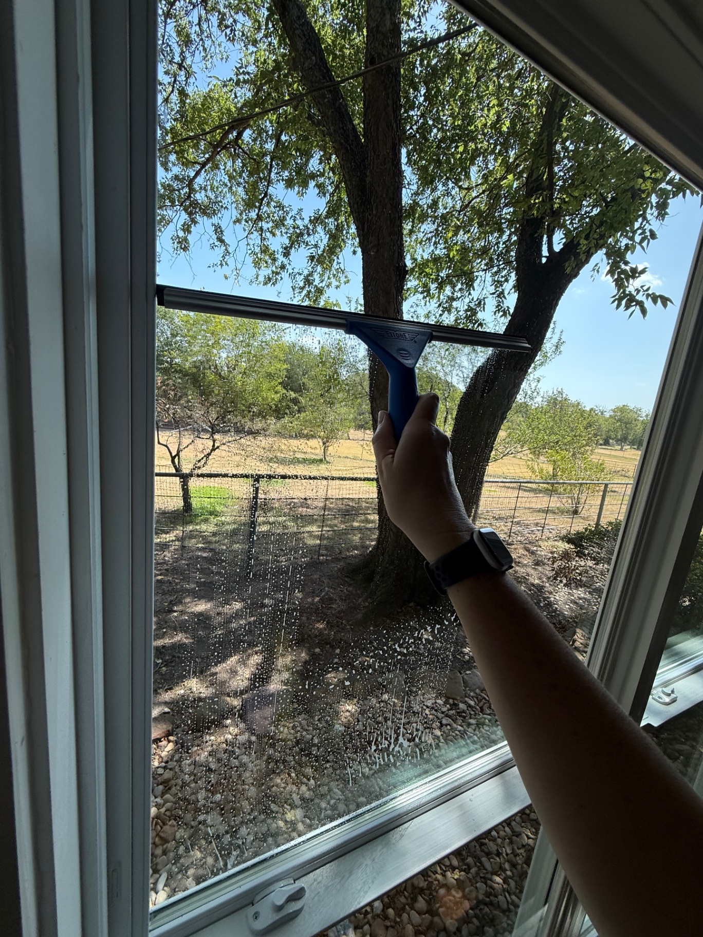 Using a squeegee to remove soapy water from a home window.