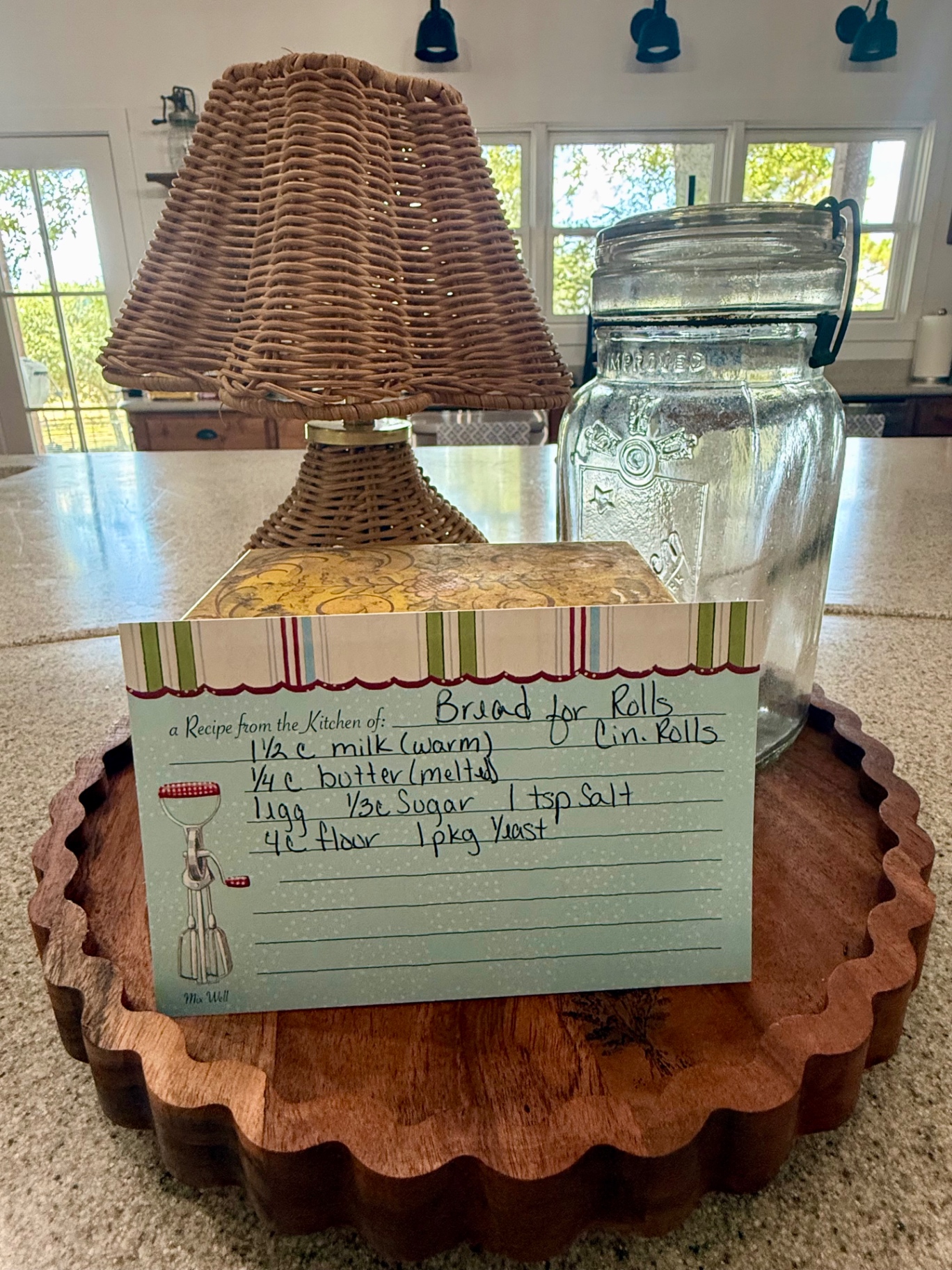 Mom's handwritten roll dough recipe card on the kitchen counter