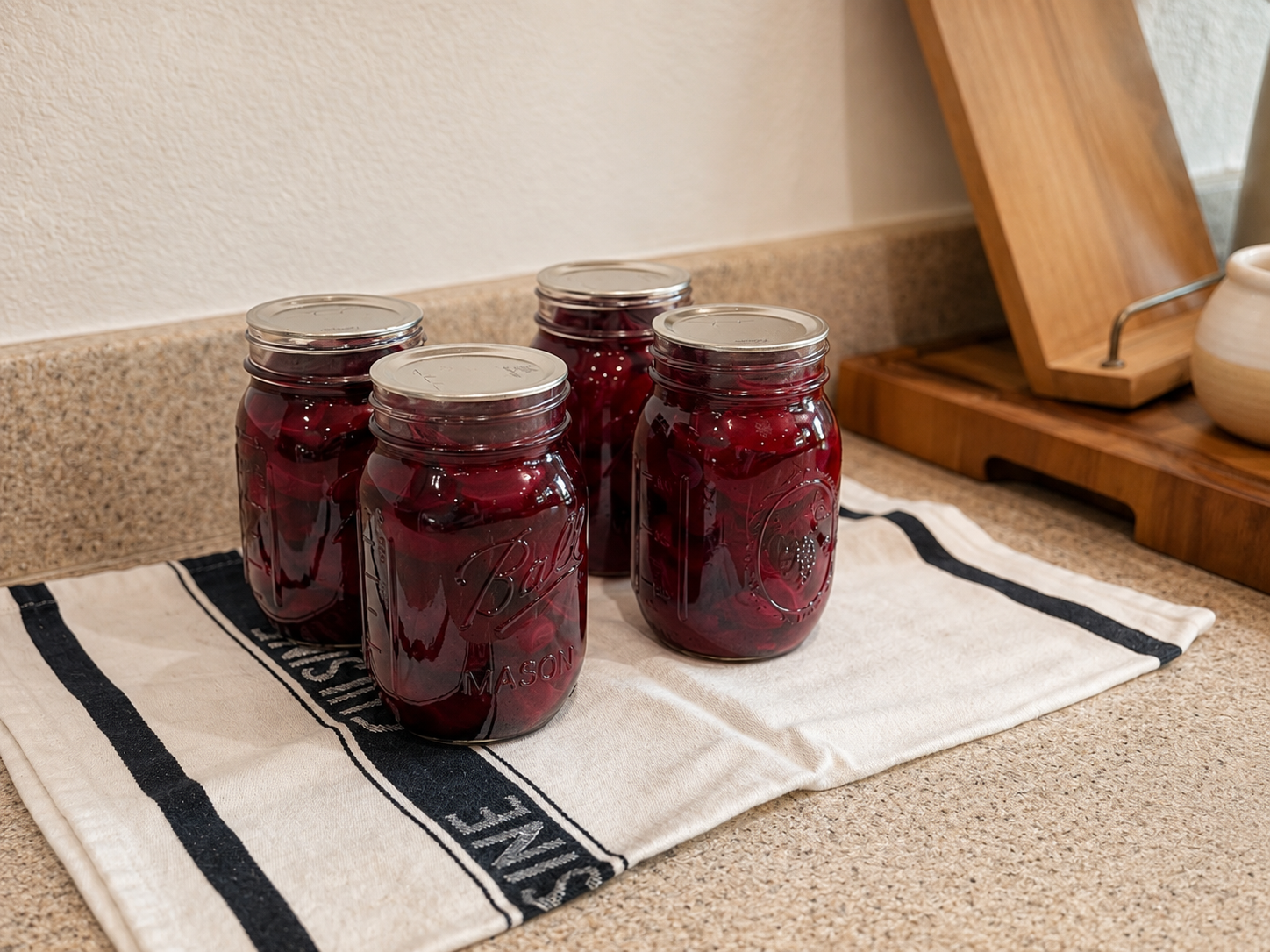Four jars of home-canned beets cooling on a striped kitchen towel