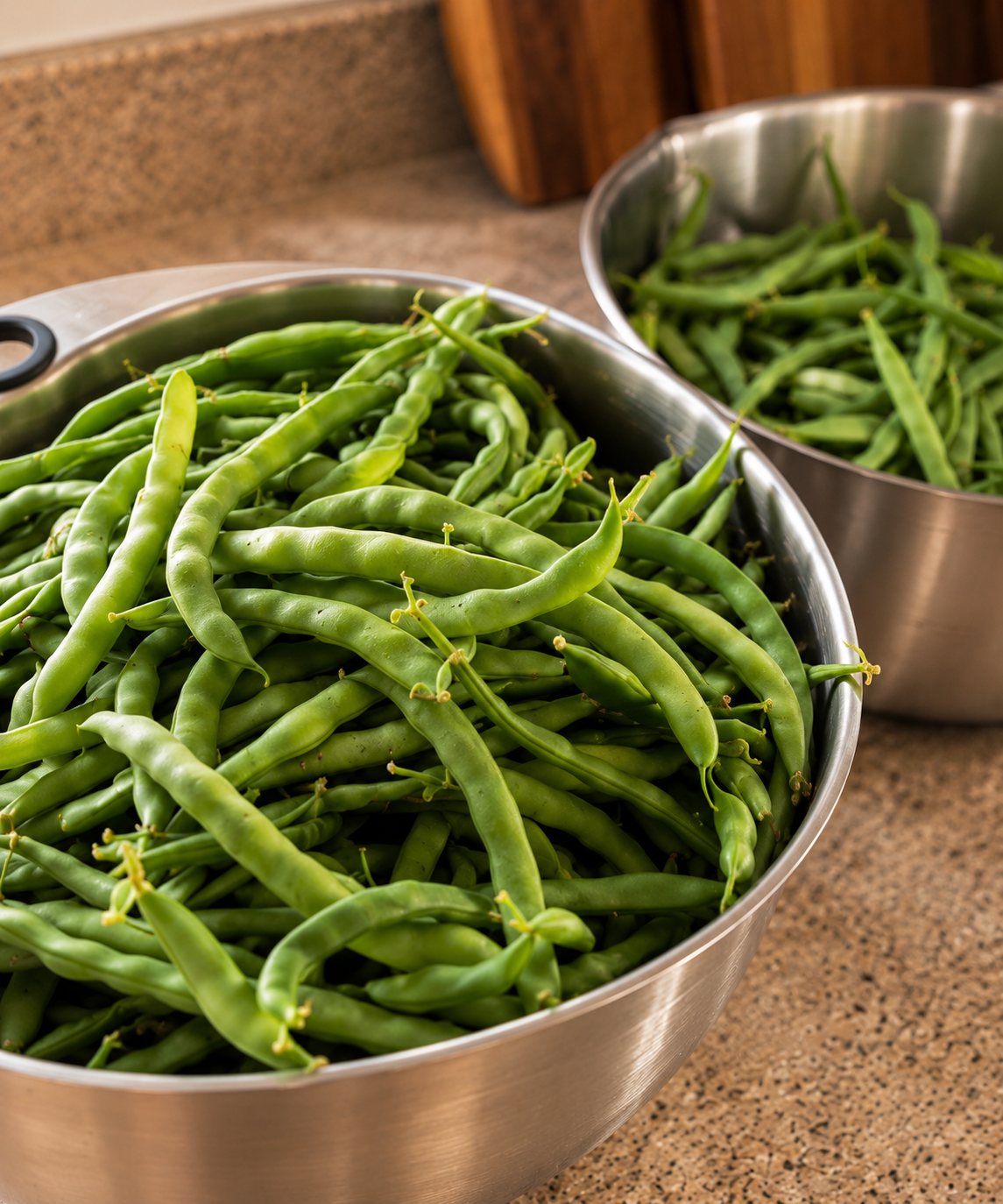 Two large stainless steel bowls heaped with fresh-picked green beans on a kitchen counter