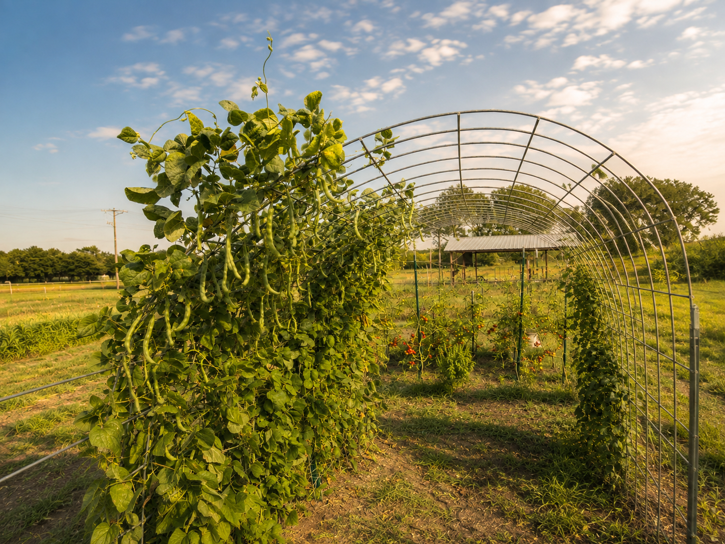 Pole beans climbing an arched wire tunnel trellis in a summer ranch garden, with tomatoes and a shed behind