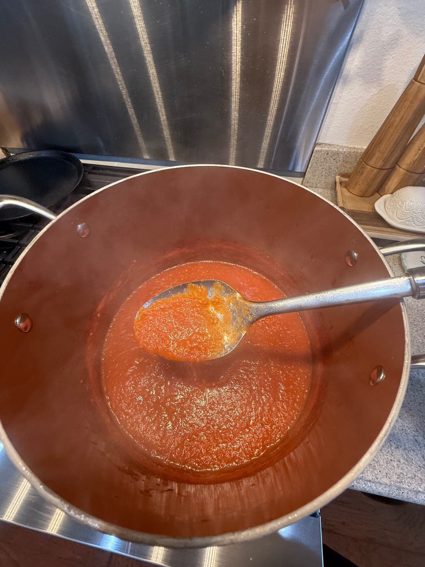Thick homemade tomato sauce on a spoon after simmering and reducing.