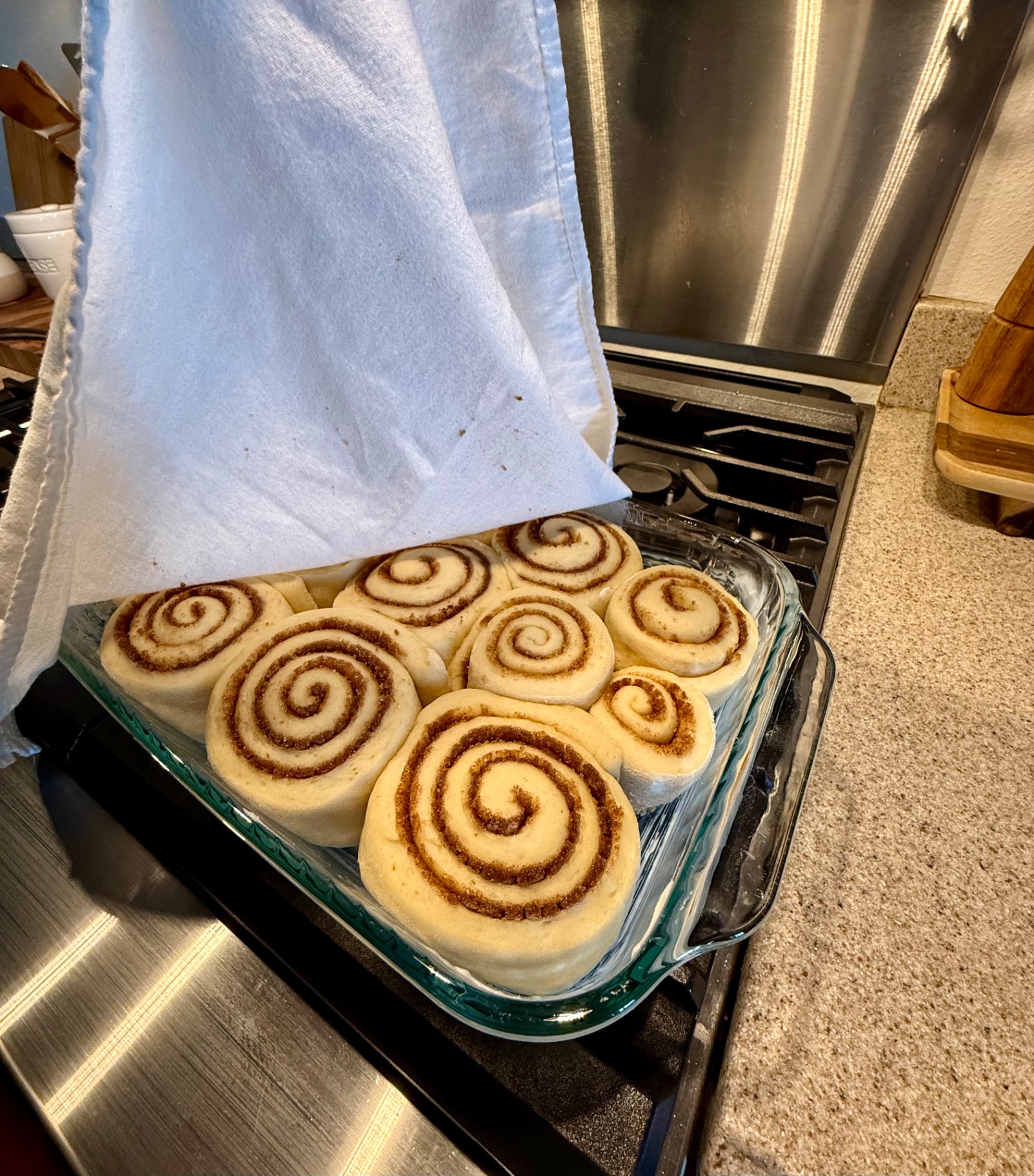 Cinnamon rolls risen and puffy in a glass baking dish on the stovetop, partly covered by a white kitchen towel
