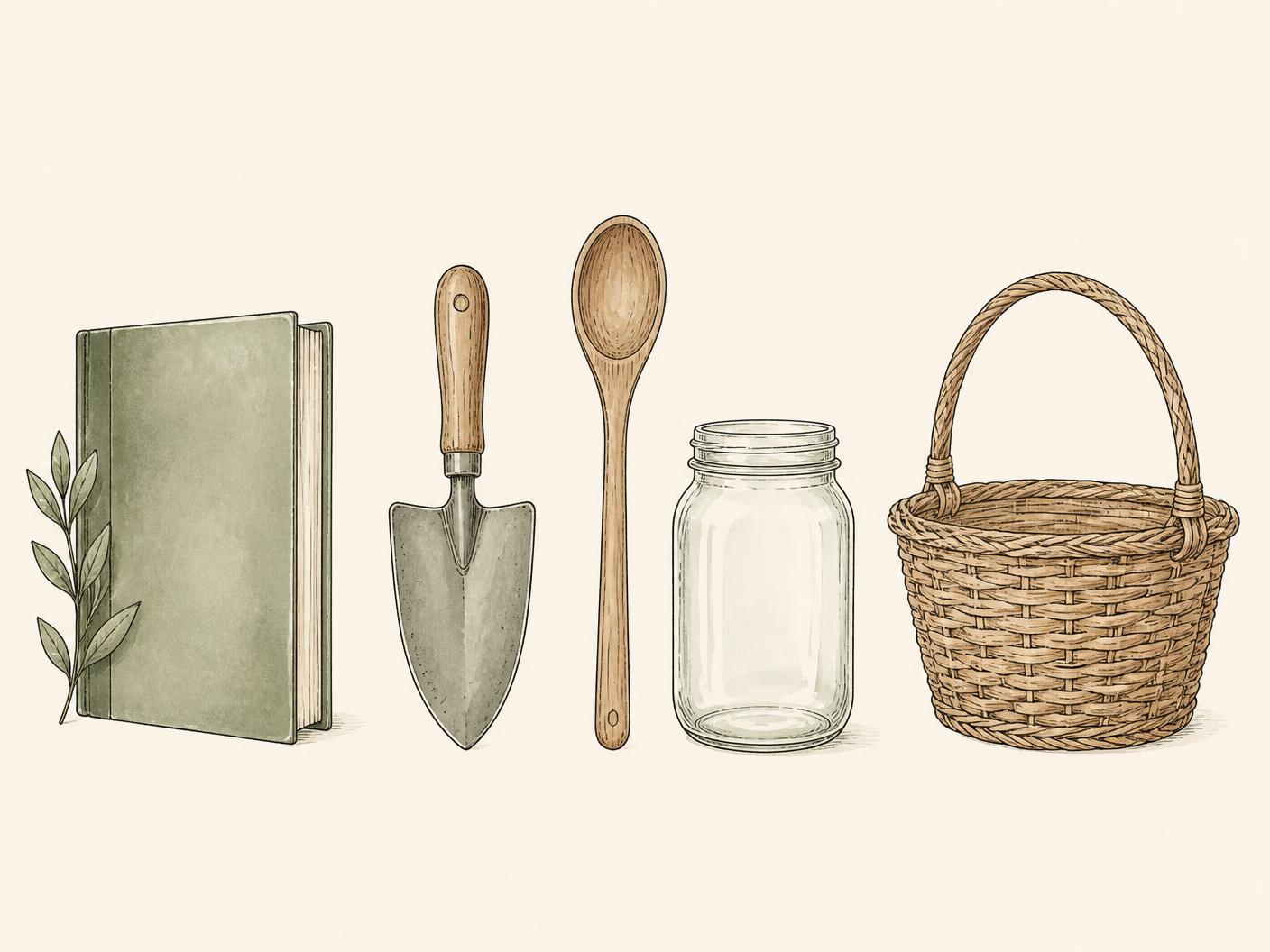 Warm editorial line illustration of a cookbook, garden trowel, wooden spoon, Mason jar, and woven basket